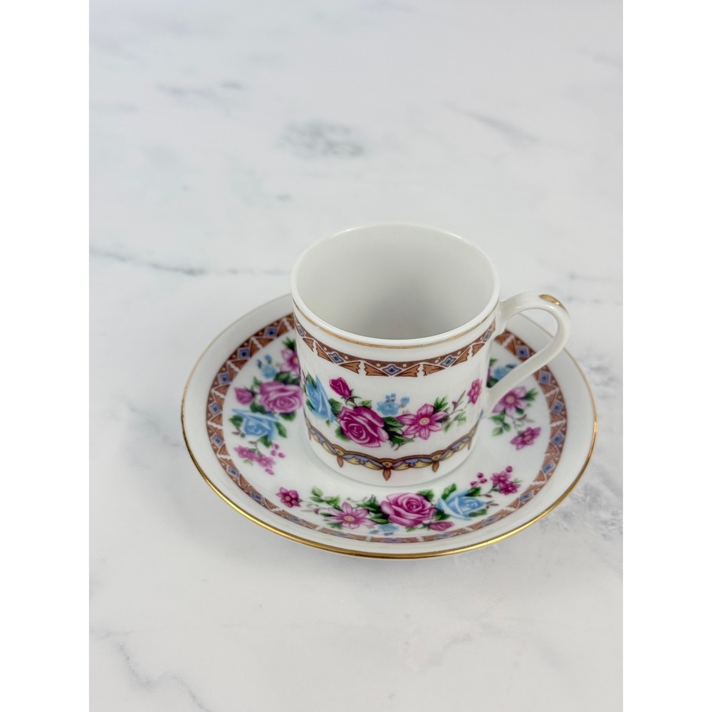 VTG Mini Demitasse Espresso Porcelain Teacup and Saucer Pink Blue Floral - Picture 2 of 9